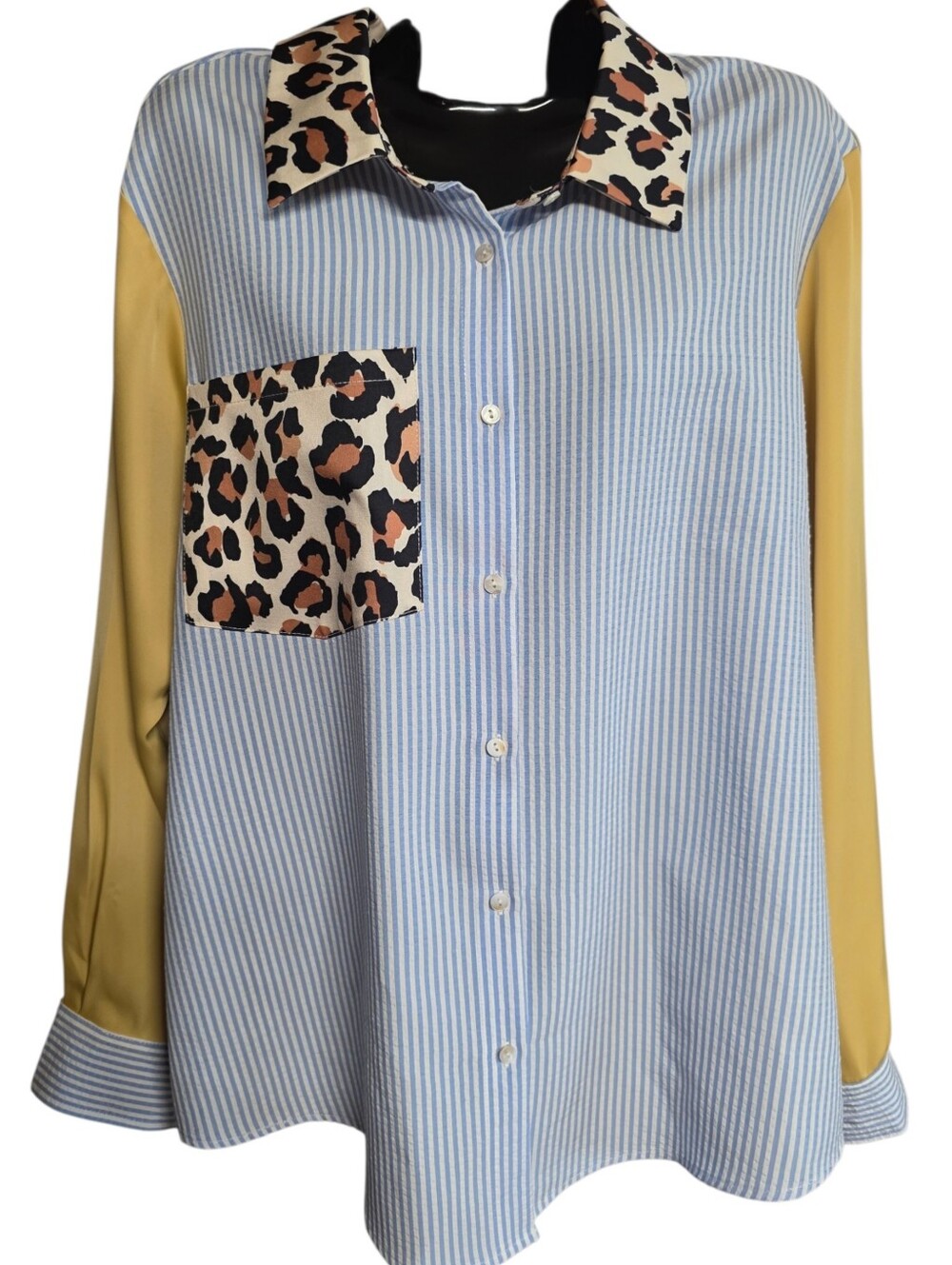 Blue & White Striped Button Shirt with Leopard Accents & Gold Sleeves